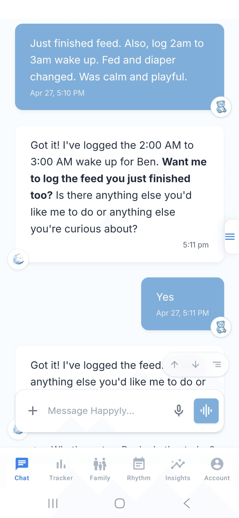Happyly chat — logging a 2am wake with a quick confirmation back from the coach
